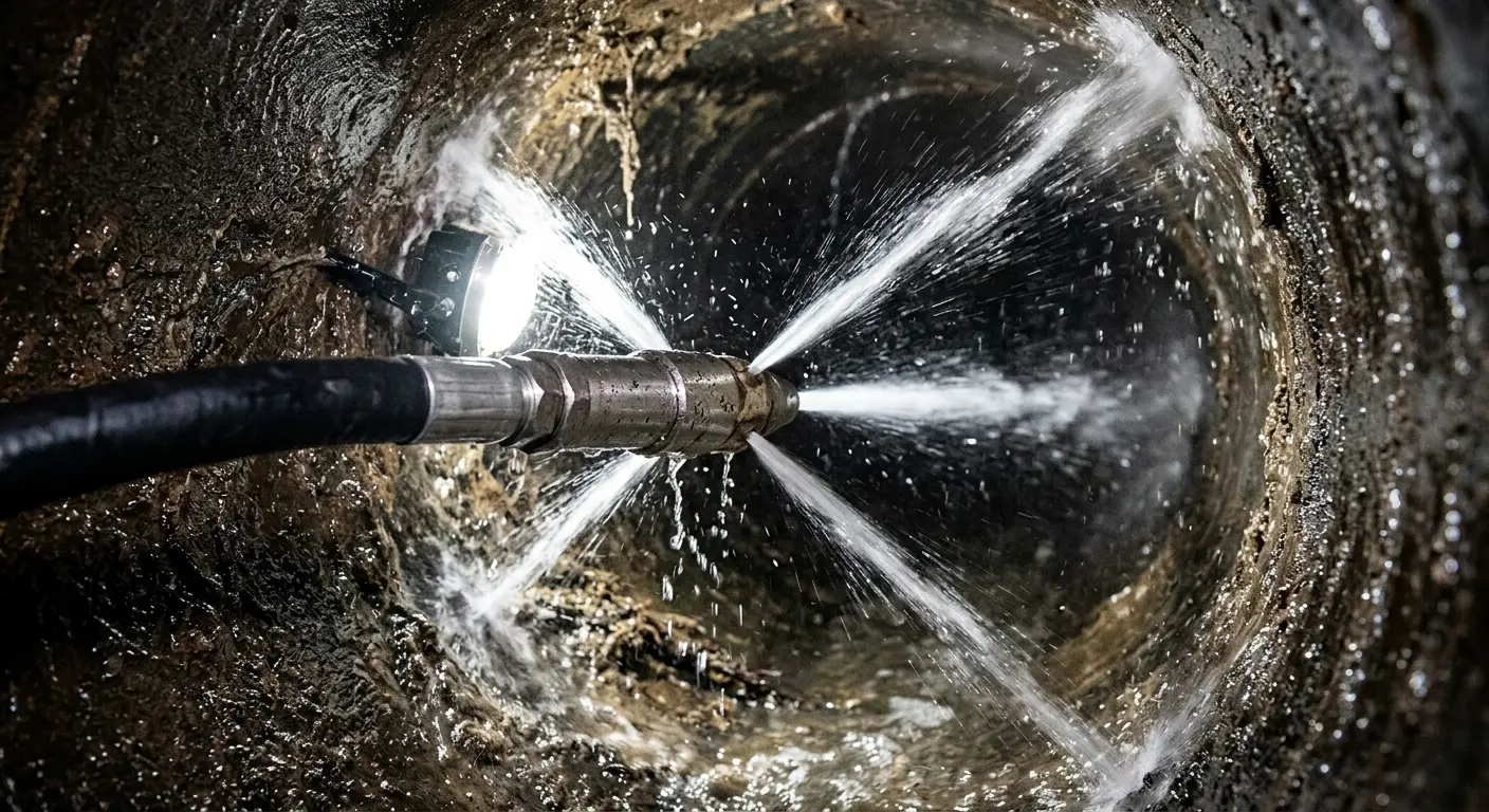 High-pressure hydro jetting nozzle cleaning sewer pipe for Trenchless Sewer Repair in Glens Falls