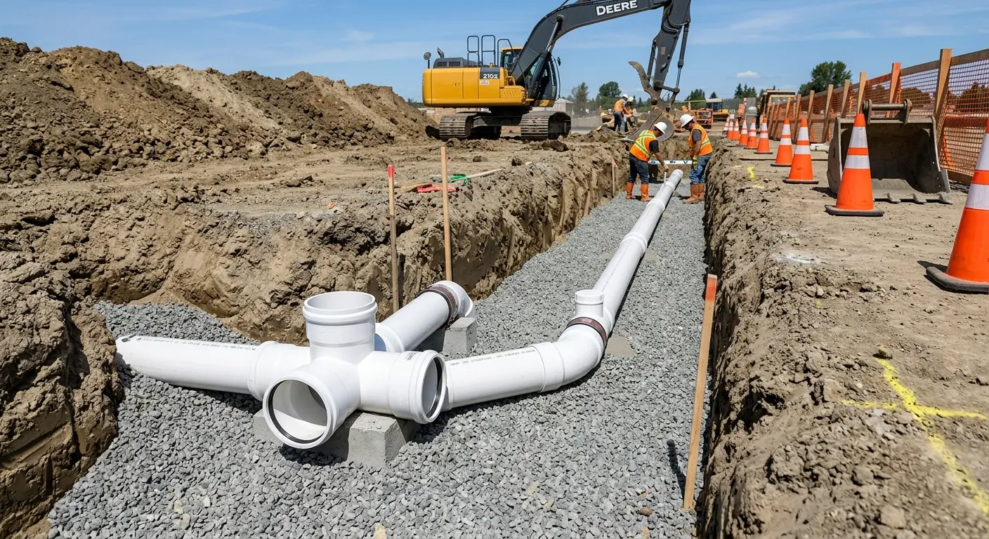 New PVC sewer pipe installation in open trench for Grease Trap Cleaning in Glens Falls