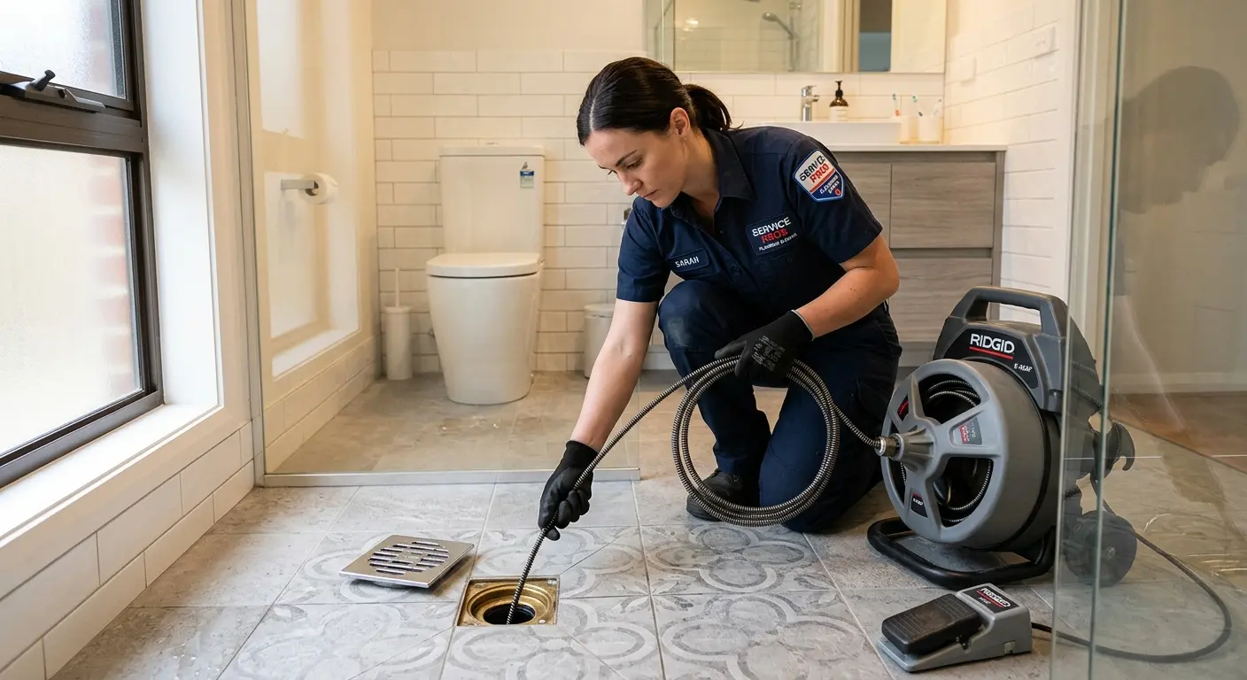 Technician clearing a bathroom floor drain for Drain Repair in Glens Falls